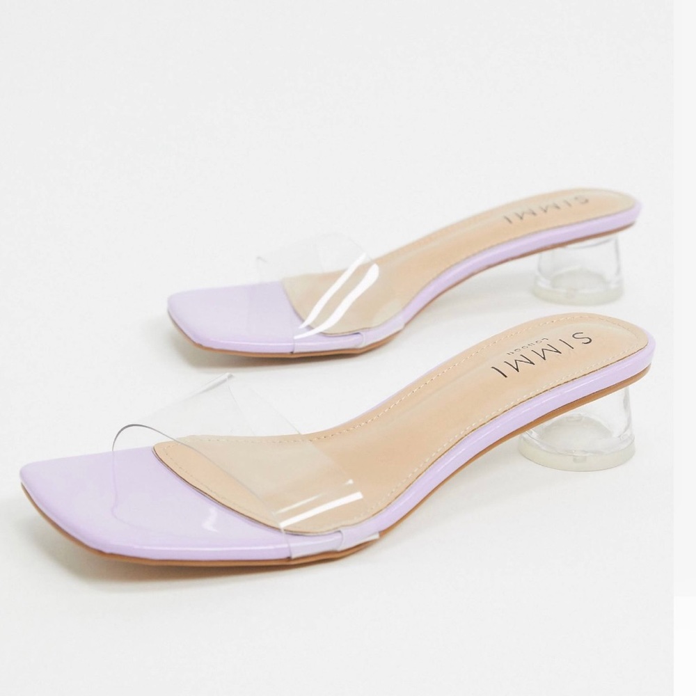 LILAC MULES W CLEAR BLOCK HEEL
